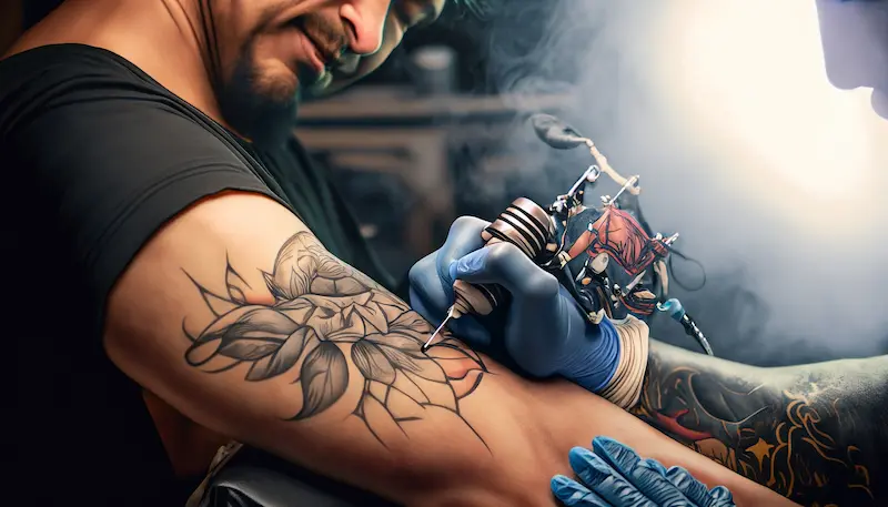 Un homme se fait tatouer un contenu personnalisé sur le bras par un tatoueur
