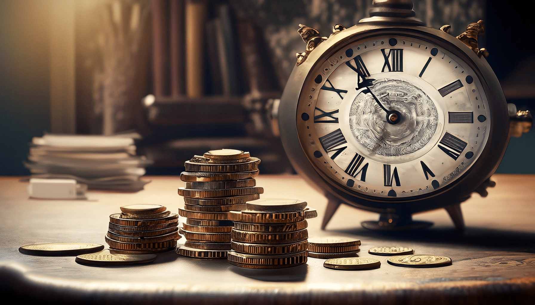 Tas de pièces et horloge illustrant le financement de son business plan