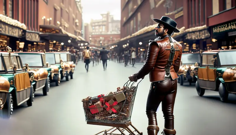 Homme au comportement d'achat personnalisé, habillé en cuir poussant un caddie dans les rue de New York