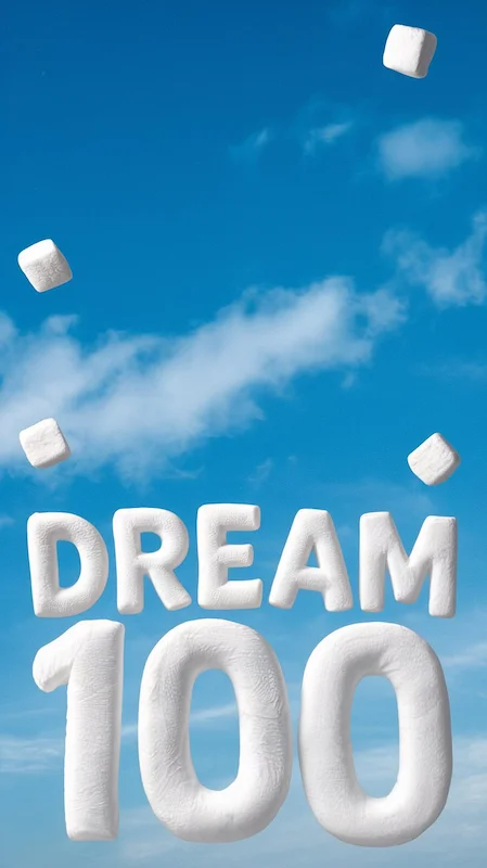 Stratégie Dream 100 de Chet Holmes écrit avec des marshmallows sur fond bleu