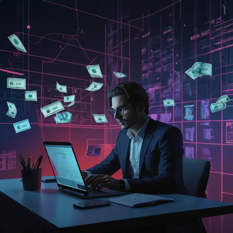 Un entrepreneur assis à son bureau moderne observe avec inquiétude des factures holographiques d'abonnements IA qui flottent devant lui. De l'argent s'échappe de son ordinateur portable vers un nuage étiqueté 'Abonnements IA', tandis qu'un graphique de ROI décroissant se projette sur le mur. L'illustration, dans des tons bleus et violets avec des touches de rouge, symbolise le coût croissant des services d'intelligence artificielle pour les entrepreneurs et indépendants.