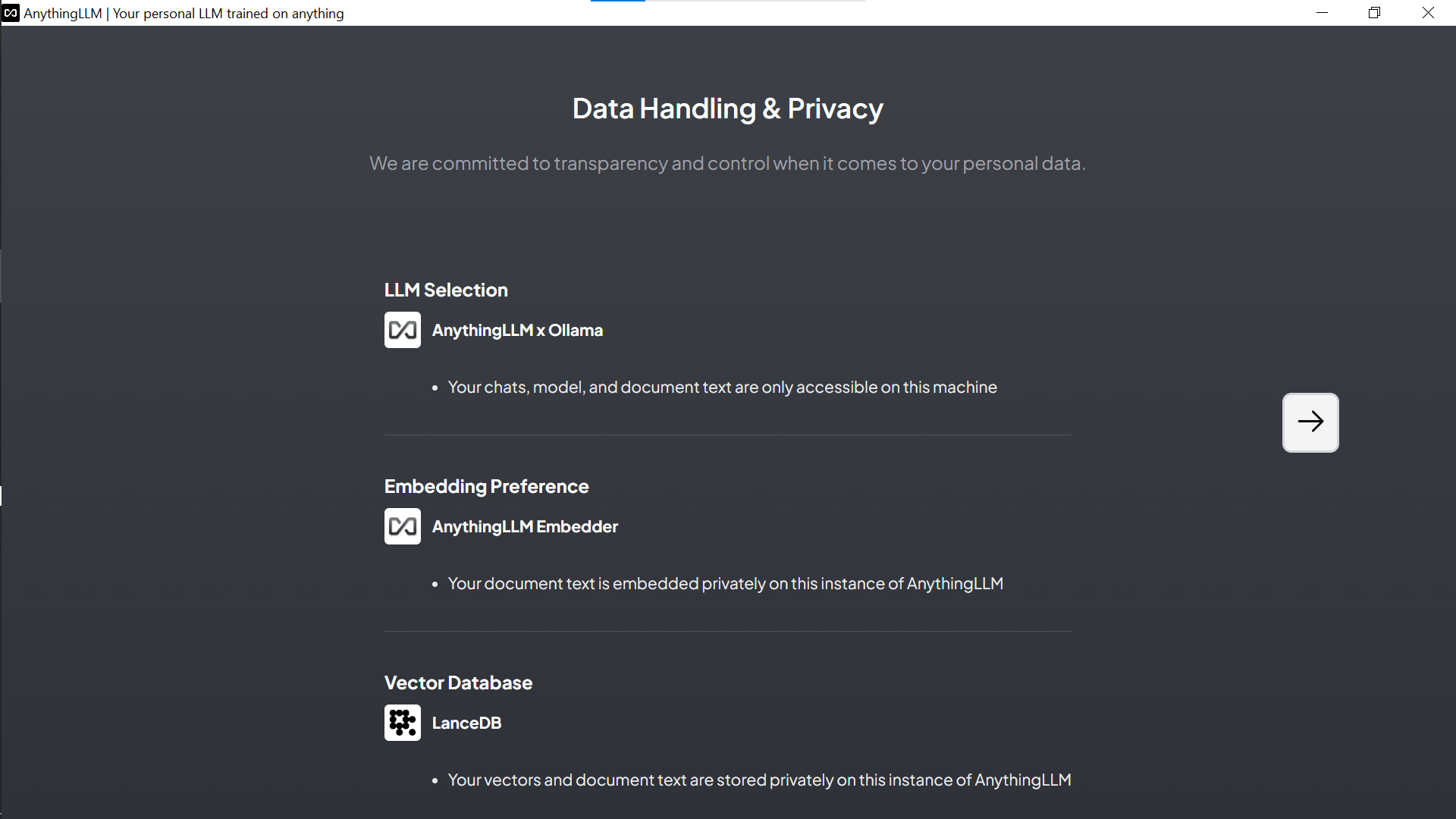 Ecran de contrôle et de confidentialité des données Anything LLM 