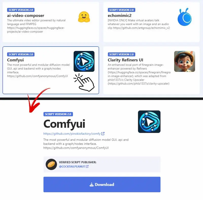 Capture d’écran montrant l’installation de ComfyUI via le catalogue d’applications de Pinokio.computer. L’interface affiche l’option de sélection et le bouton de téléchargement pour installer ComfyUI en local.