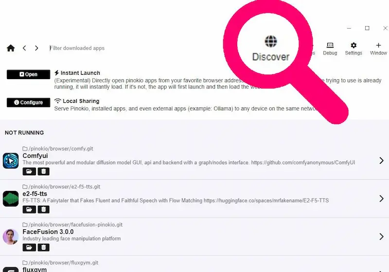 Interface utilisateur de Pinokio.computer affichant les options de configuration et de gestion des modèles d’IA en local. Une interface intuitive pour exécuter l’IA sans connexion internet.