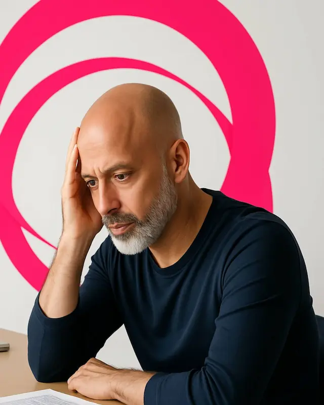 Homme concentré assis à un bureau, lisant un document avec une expression pensive, sur fond blanc décoré de cercles rose vif.