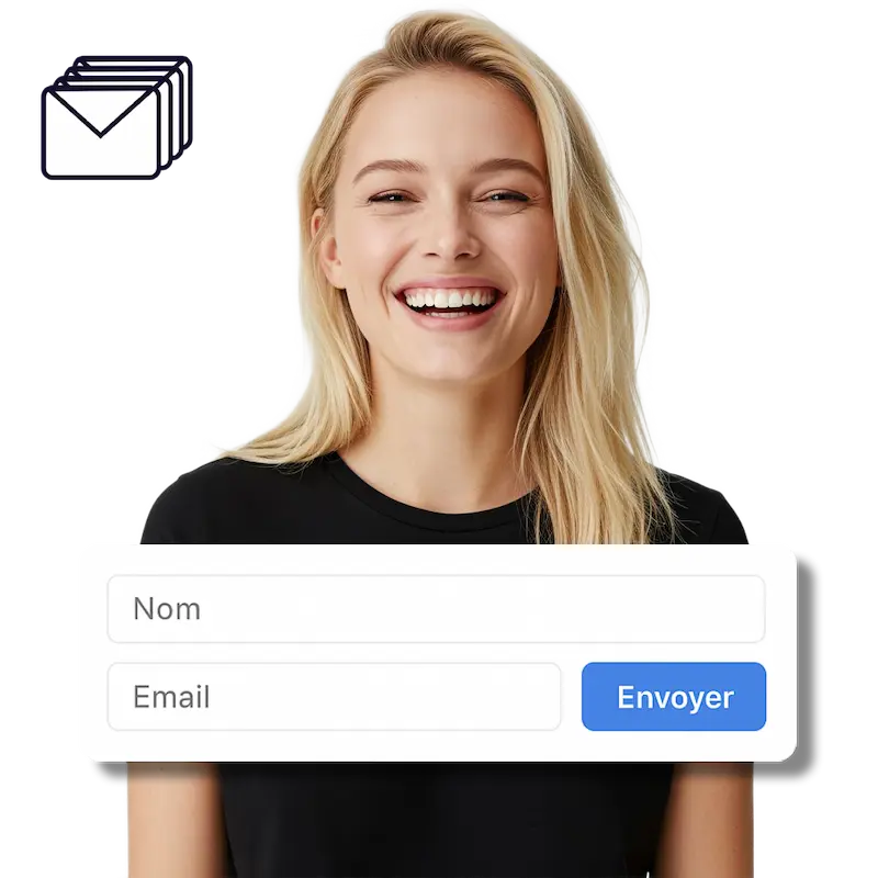 Assistant IA Email Marketing – Kit IA Marketing pour campagnes performantes Femme blonde avec formulaire d’inscription et icône email représentant un assistant IA d’email marketing – Kit IA Marketing