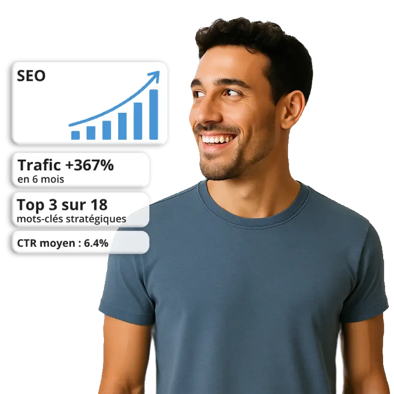 Résultats SEO : +327 % de trafic organique avec un kit IA de référencement startup-now Graphique SEO en hausse avec +327 % de trafic et un entrepreneur satisfait