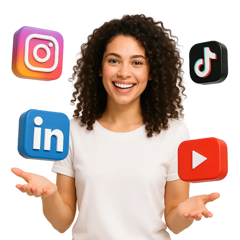 Kits IA pour réseaux sociaux : automatisez Instagram, TikTok, LinkedIn et YouTube Femme avec cheveux bouclés et logos 3D de réseaux sociaux flottants.