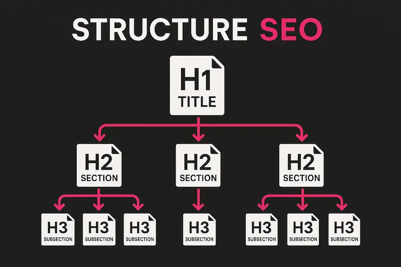 Infographie représentant la structure SEO idéale avec un titre H1 unique, des sections H2 et des sous-sections H3 connectées en hiérarchie logique.