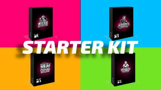 Illustration du Starter Kit 4 en 1 de Startup-Now, comprenant des assistants IA pour réaliser une étude de marché, travailler une proposition de valeur, et créer un business plan sans effort, sur un fond multicolore représentant les 4 kits.