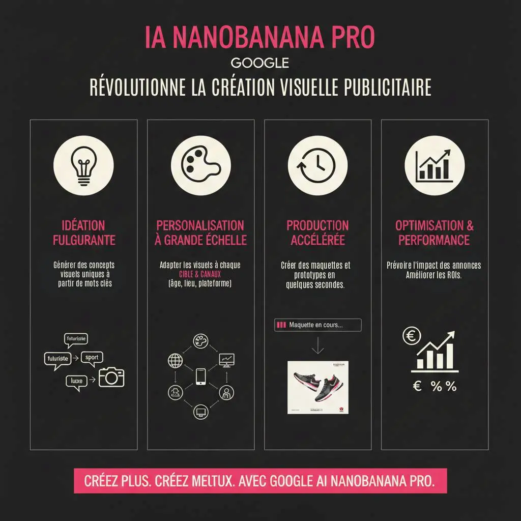 Gemini-nanobanana-pro-fonctionnalites Infographie Nano Banana Pro Google IA création visuelle publicitaire avec 4 sections : idéation fulgurante génération concepts visuels, personnalisation grande échelle adaptation multi-canaux, production accélérée maquettes prototypes, optimisation performance amélioration ROI annonces