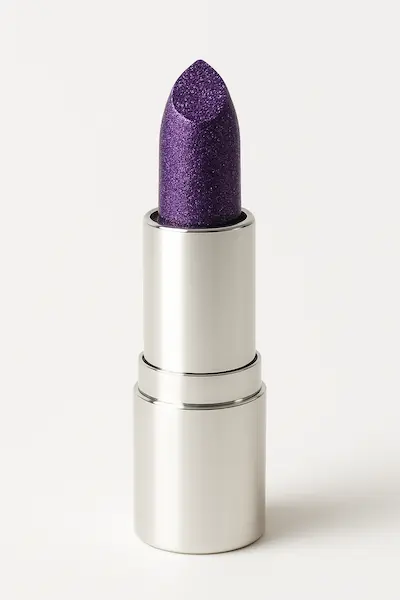 Rouge à lèvres violet pailleté en gros plan sur fond neutre, photo brute utilisée avant création de la publicité.