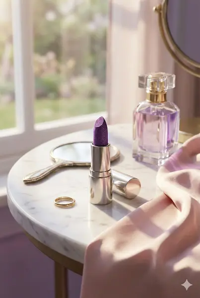 visuel publicitaire du rouge à lèvres violet pailleté, résultat final du tutoriel de création.