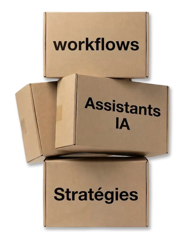 Piles de cartons illustrant l'approche de Startup-now les workflows professionnels, les assistants alimentés par IA et les stratégies marketing
