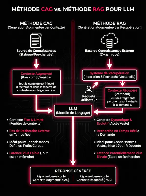 CAG-RAG-augmented-generation-prompting Infographie comparative méthode CAG vs RAG pour LLM : schéma expliquant la différence entre la Génération Augmentée par Contexte (mémoire statique) et la Génération Augmentée par Récupération (recherche dynamique) en prompt engineering.