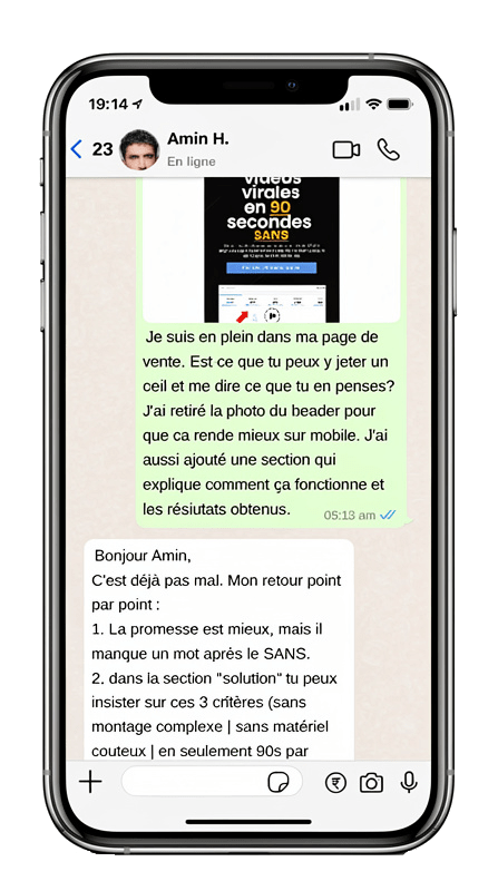 Coaching-whatsapp-ludovic-wrobel-exemple Exemple de coaching par whatsapp ou ludovic Wrobel détaille ses retours sur la page de vente de son client