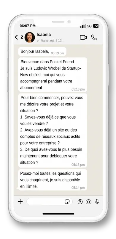 Introduction-pocket-friend-iphone-discussion ludovic wrobel envoie un premier message whatsapp pour démarrer le coaching business et marketing pocket friend