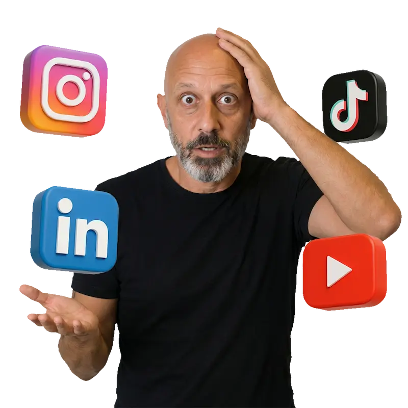Ludovic-wrobel-social-media-marketing Ludovic Wrobel entouré de logos des médias sociaux illustrant les domaines d'intervention de startup now