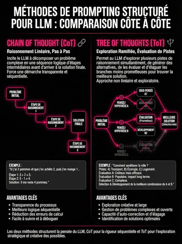 chain-of-thought-vs-tree-of-thoughts-prompting Infographie comparative des méthodes de prompt engineering : Chain of Thought (raisonnement linéaire) contre Tree of Thoughts (exploration ramifiée) pour structurer les réponses des LLM.