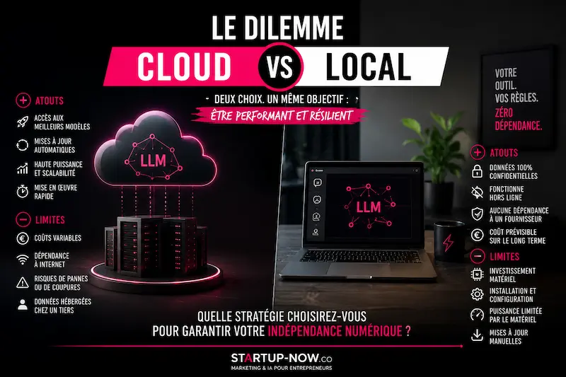 Infographie sur les avantages et inconvénients des LLM cloud et de l'hébergement local