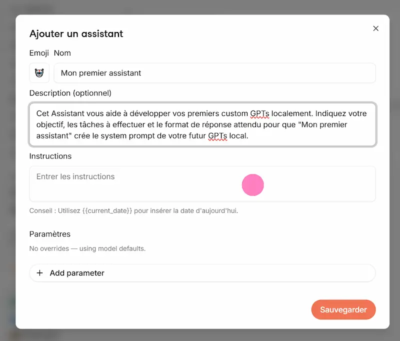 Interface de création de votre custom GPTs local sur l'application Jan ai
